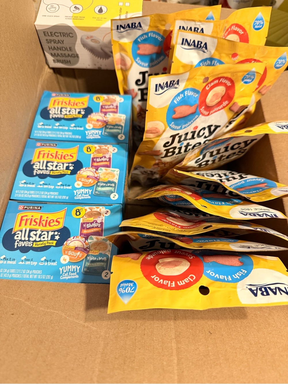 Variety box of cat treats/Soup pouches/ Electric Brush and Cat Spray for Urine